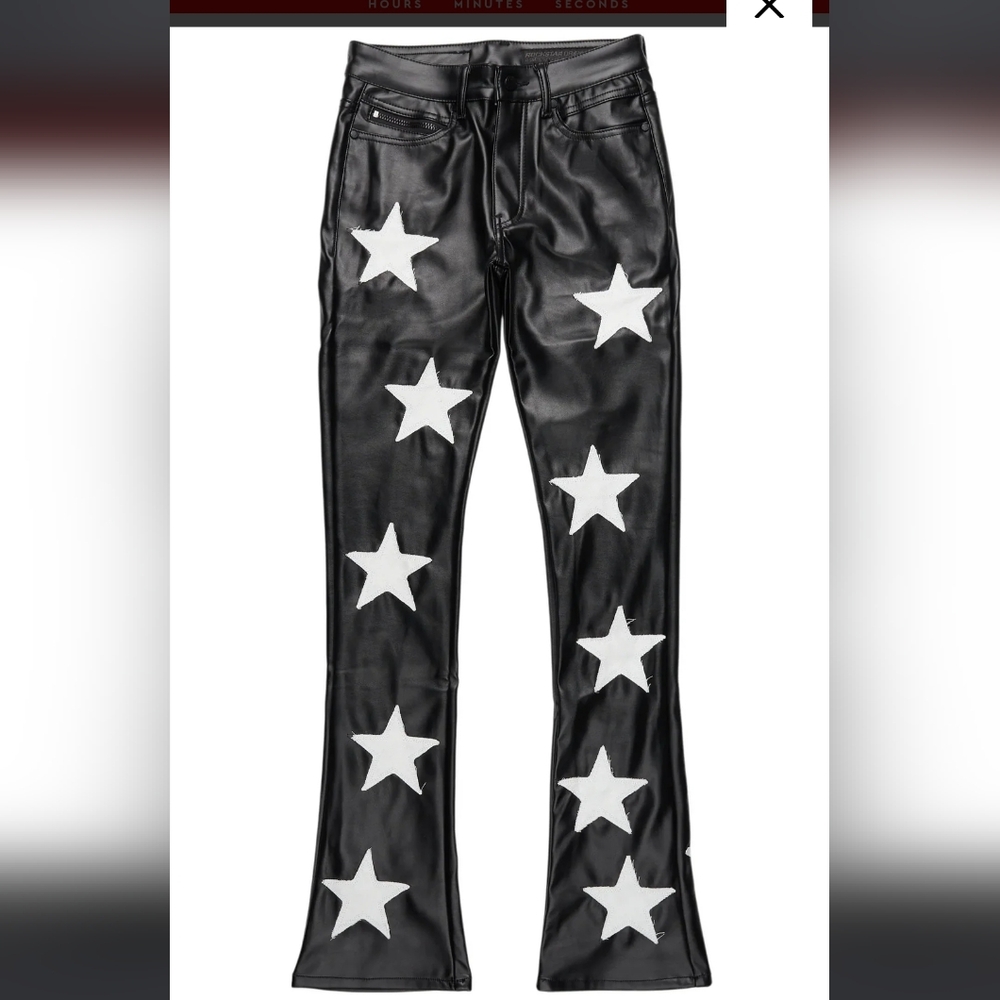 Men's Black Faux Leather Star-Print Pants